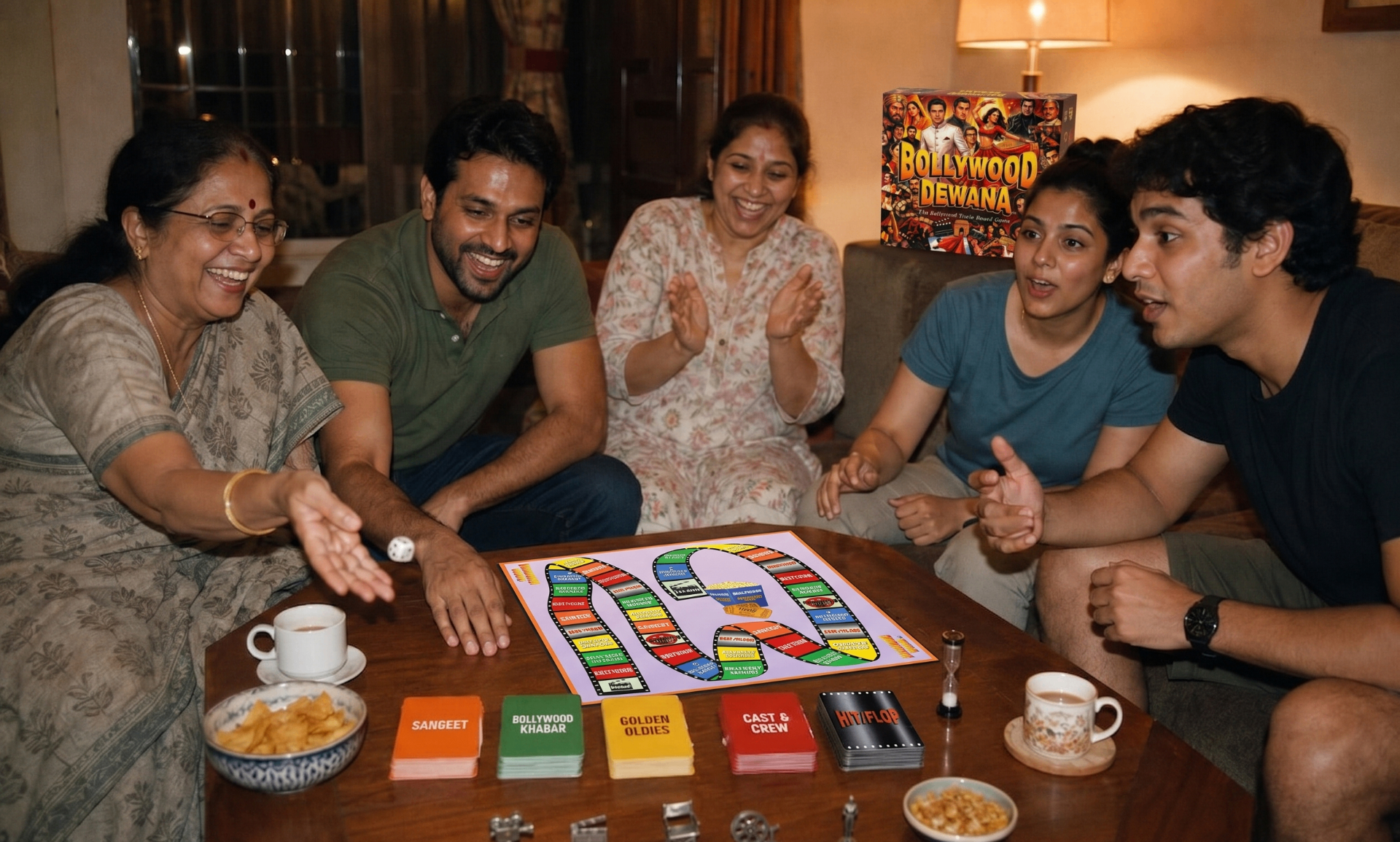 A desi family playing Bollywood Dewana on game night